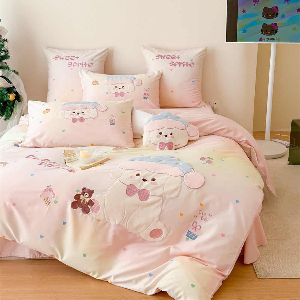 Puppy appliqué kids bedding set in blush pink with a pastel gradient base, embroidered puppy detail, and sweet girls room styling
