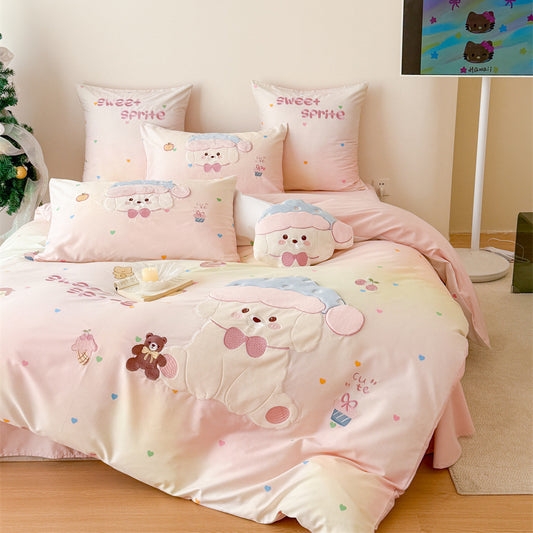 Puppy appliqué kids bedding set in blush pink with a pastel gradient base, embroidered puppy detail, and sweet girls room styling