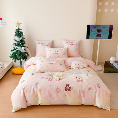 Blush pink puppy kids bedding set with gradient color base, appliqué embroidery, and matching pillowcases in a styled bedroom scene