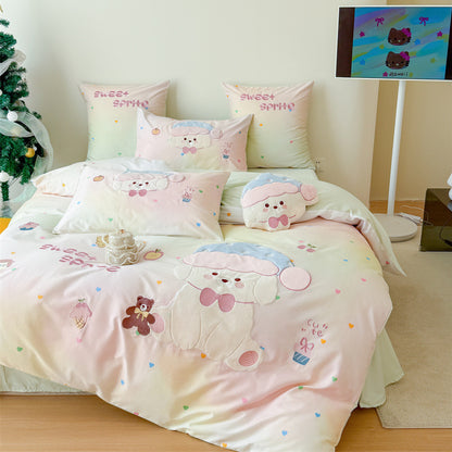Pastel mint puppy kids bedding set with gradient base, appliqué dog detail, and embroidered sweet sprite pillowcases