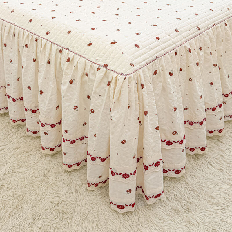 Quilted Ruffled Bed Skirt with Floral Lace Trim