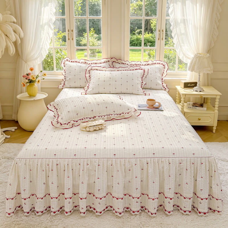 Quilted Ruffled Bed Skirt with Floral Lace Trim