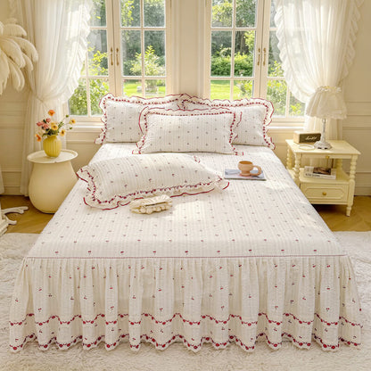 Quilted Ruffled Bed Skirt with Floral Lace Trim