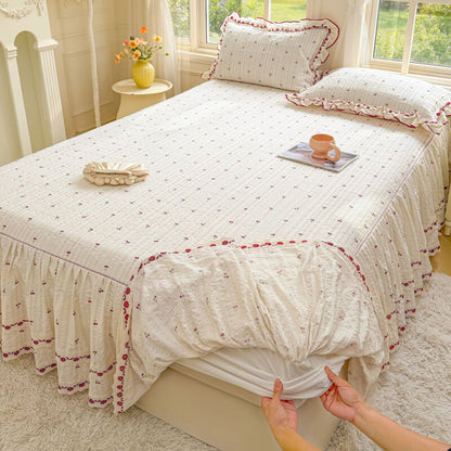 Quilted Ruffled Bed Skirt with Floral Lace Trim