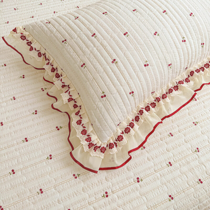 Quilted Ruffled Bed Skirt with Floral Lace Trim