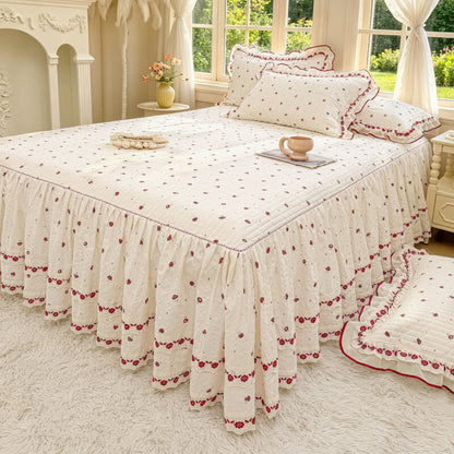 Quilted Ruffled Bed Skirt with Floral Lace Trim