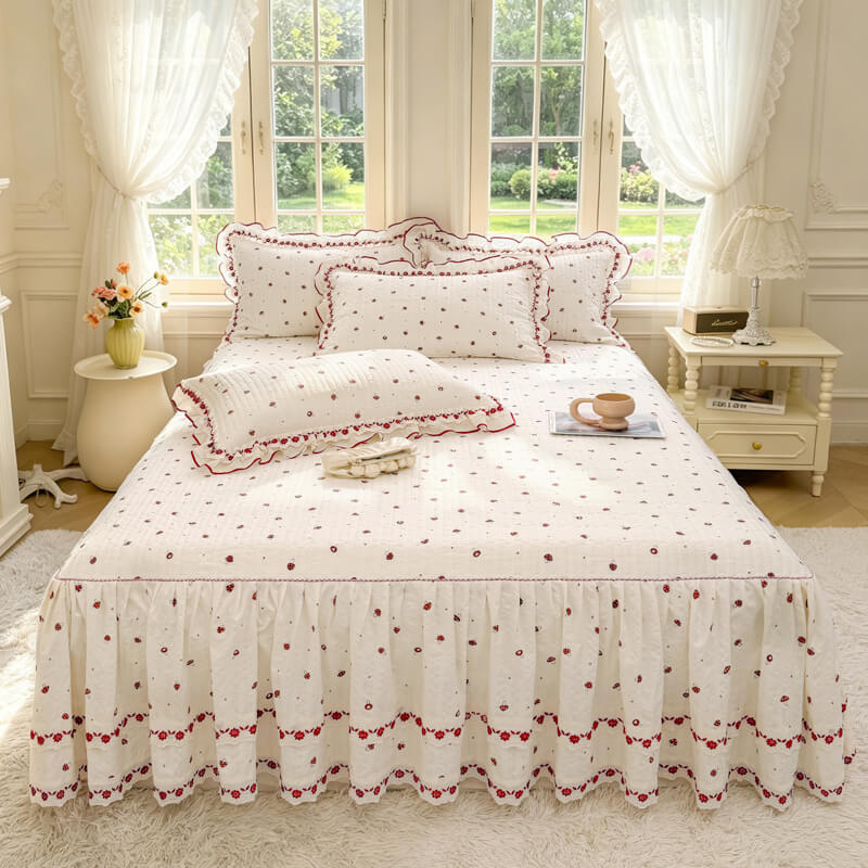 Quilted Ruffled Bed Skirt with Floral Lace Trim