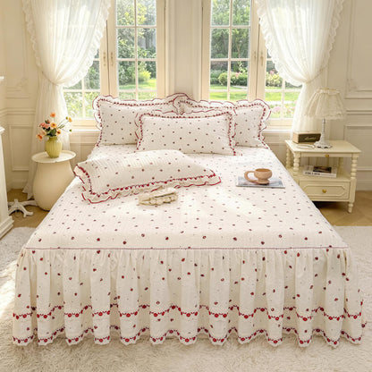 Quilted Ruffled Bed Skirt with Floral Lace Trim