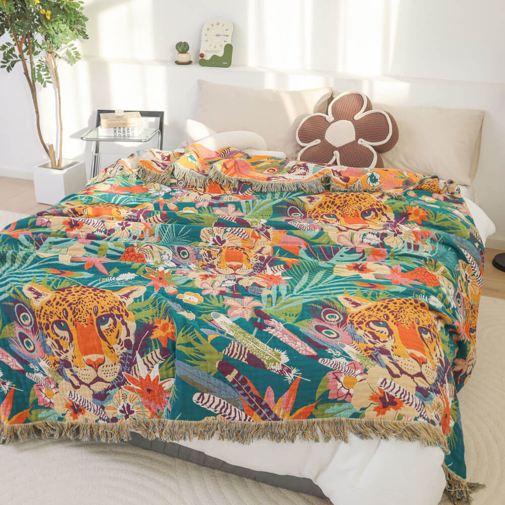 Jaguar Jungle Throw Blanket for Kids – Reversible Jacquard