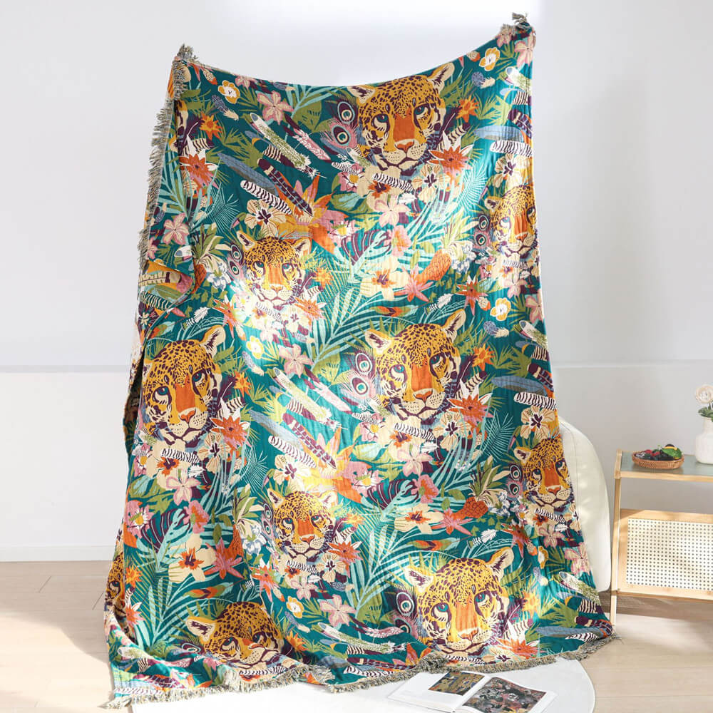 Jaguar Jungle Throw Blanket for Kids – Reversible Jacquard