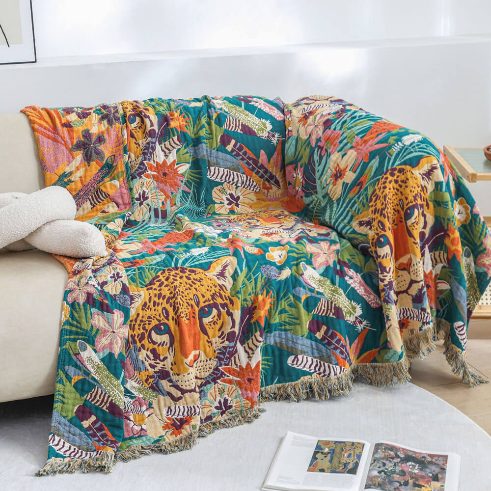 Jaguar Jungle Throw Blanket for Kids – Reversible Jacquard