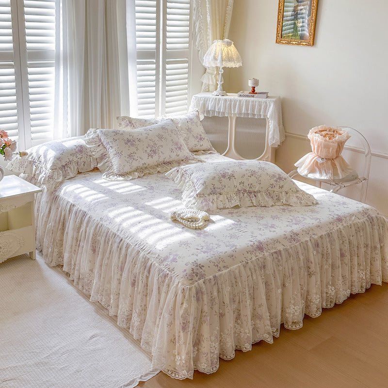 Full view of Lavender Meadow bed skirt featuring double-layered lace trim in a sunlit vintage bedroom.