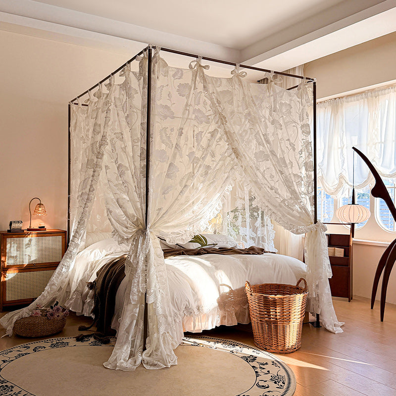 floral lace bed canopy curtains on four poster bed
