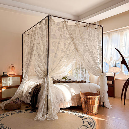 floral lace bed canopy curtains on four poster bed