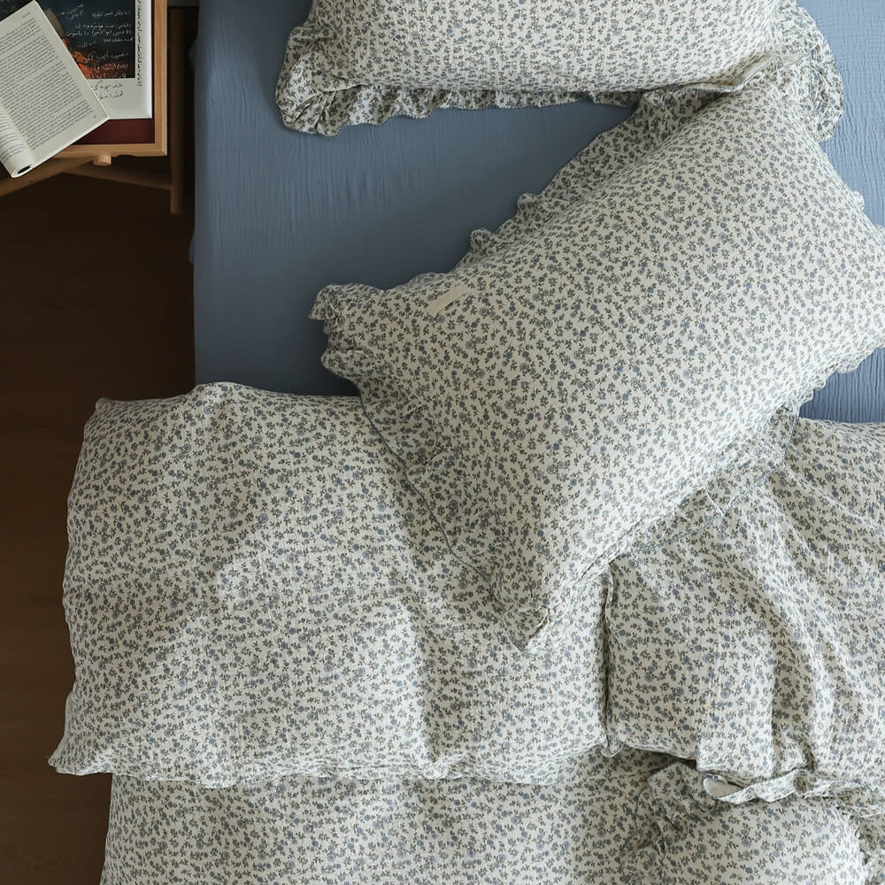 Blue Ditsy Floral Duvet Cover Set – Ruffled Cotton Muslin