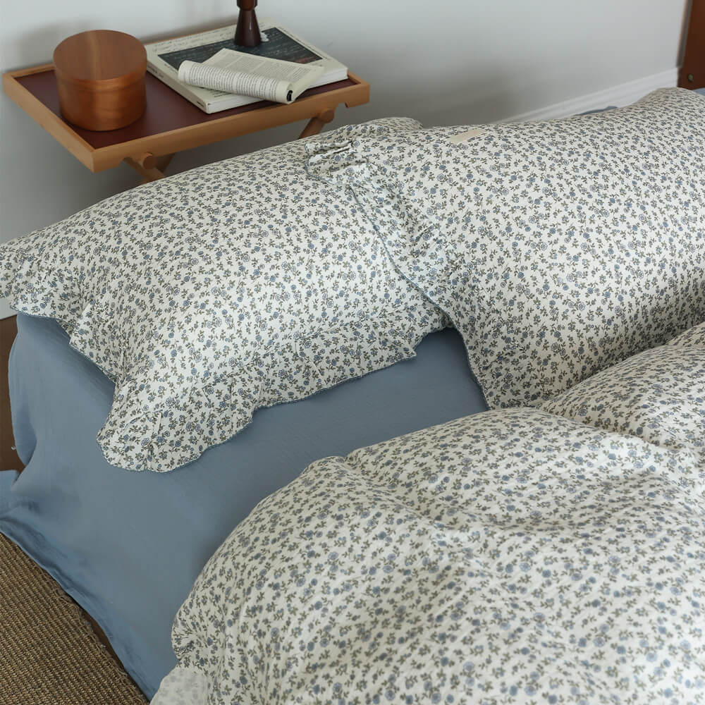 Blue Ditsy Floral Duvet Cover Set – Ruffled Cotton Muslin