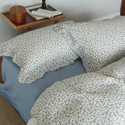 Blue Ditsy Floral Duvet Cover Set – Ruffled Cotton Muslin