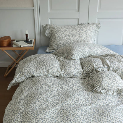 Blue Ditsy Floral Duvet Cover Set – Ruffled Cotton Muslin