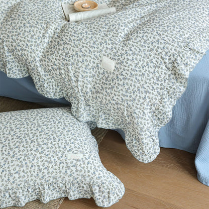 Blue Ditsy Floral Duvet Cover Set – Ruffled Cotton Muslin