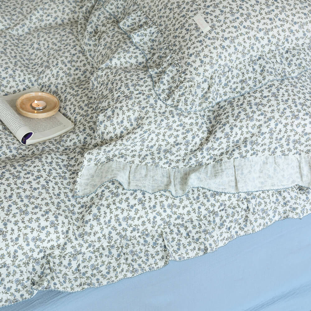 Blue Ditsy Floral Duvet Cover Set – Ruffled Cotton Muslin