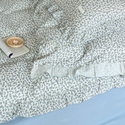 Blue Ditsy Floral Duvet Cover Set – Ruffled Cotton Muslin
