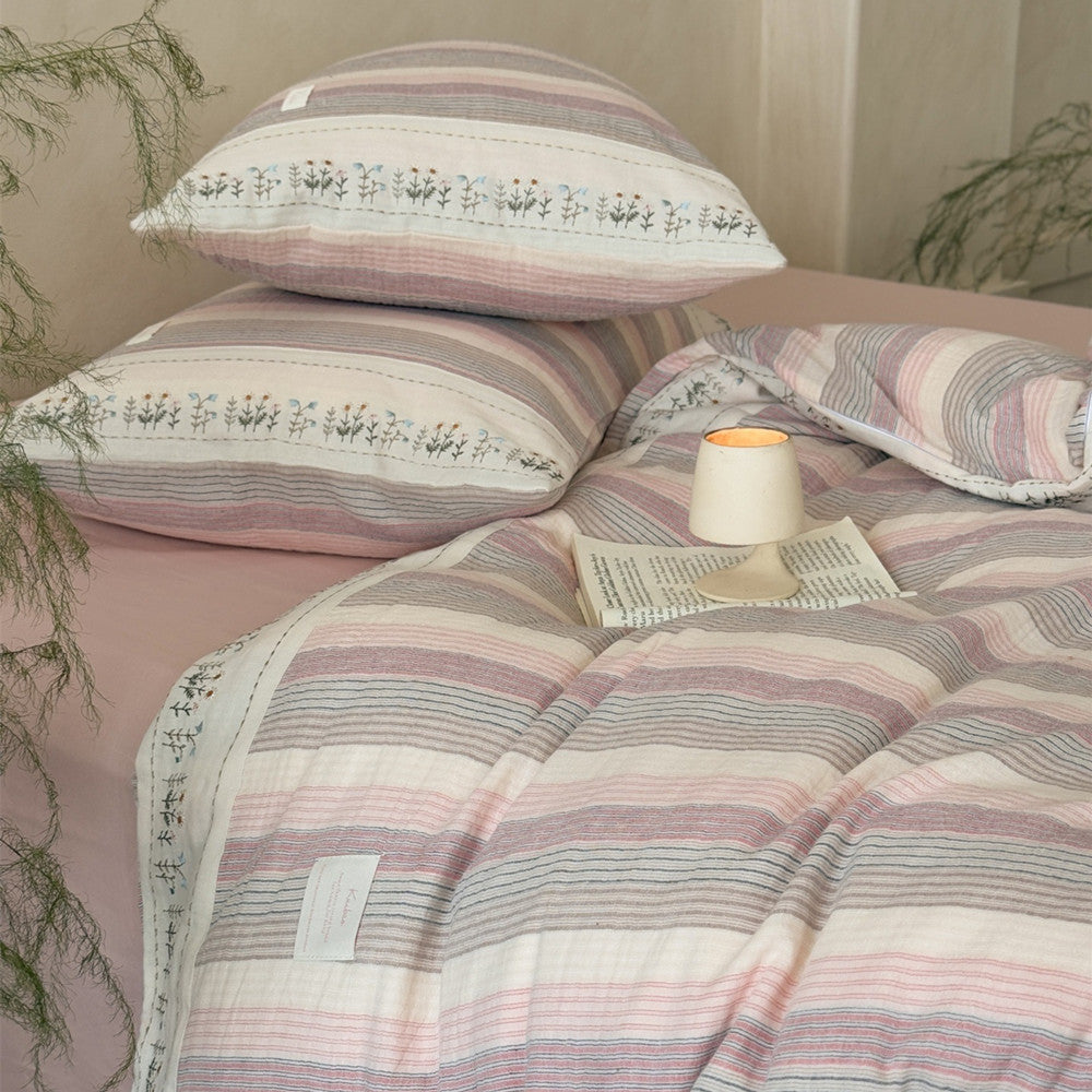 Striped Muslin Duvet Cover Set – Soft Pink