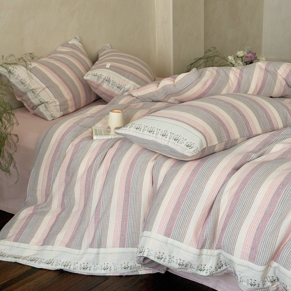 Striped Muslin Duvet Cover Set – Soft Pink