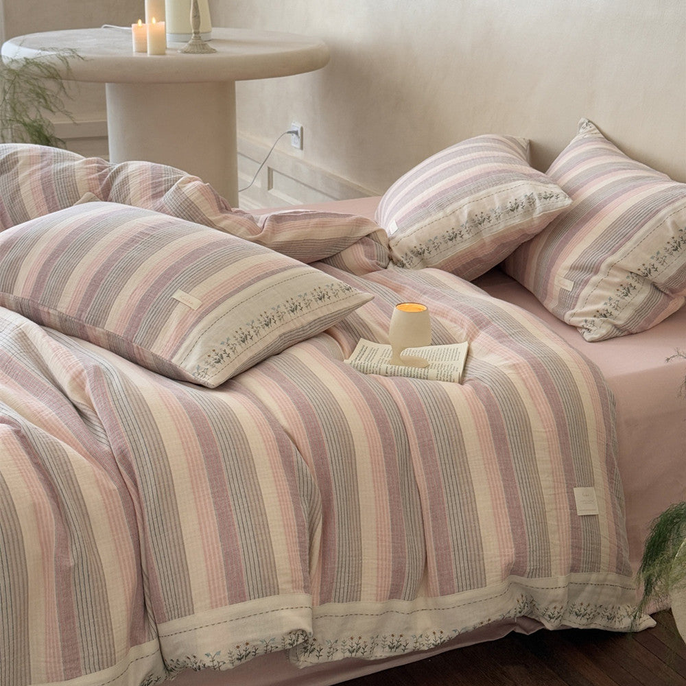 Striped Muslin Duvet Cover Set – Soft Pink