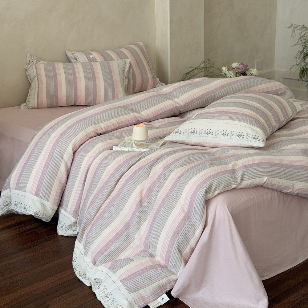 Striped Muslin Duvet Cover Set – Soft Pink