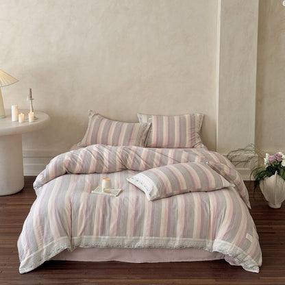 Striped Muslin Duvet Cover Set – Soft Pink