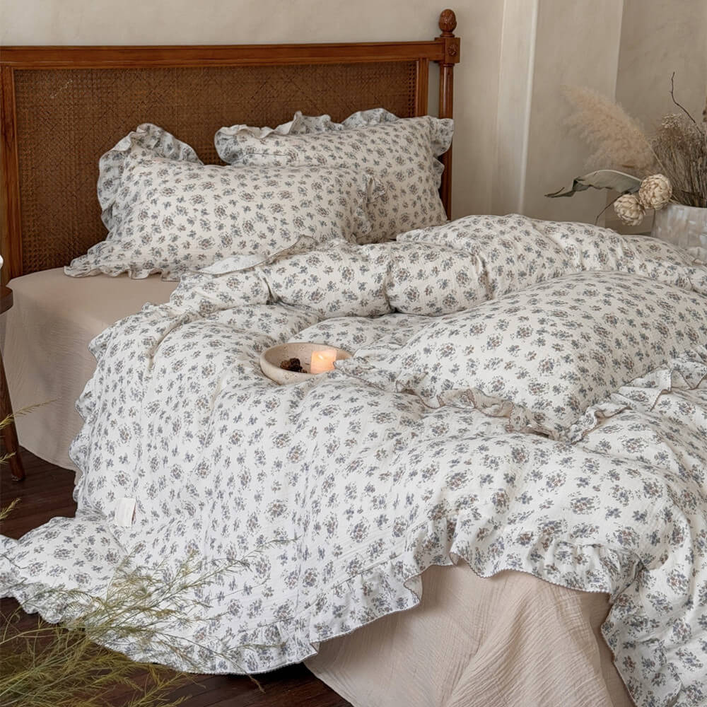 Vintage floral cotton muslin duvet cover set with ruffled edges in a romantic teen bedroom