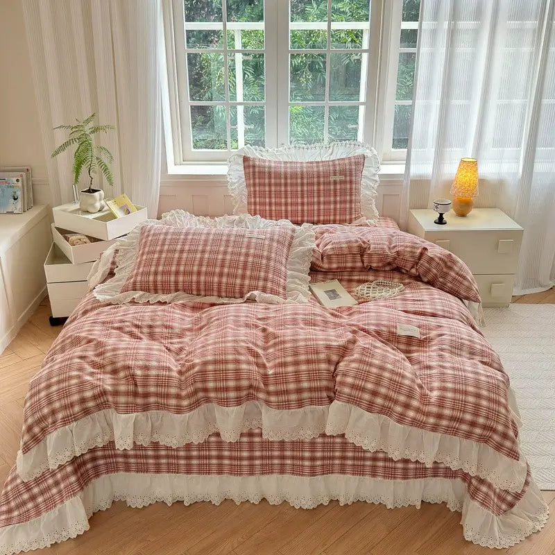 Washed Cotton Plaid Duvet Cover – Ruffled Lace