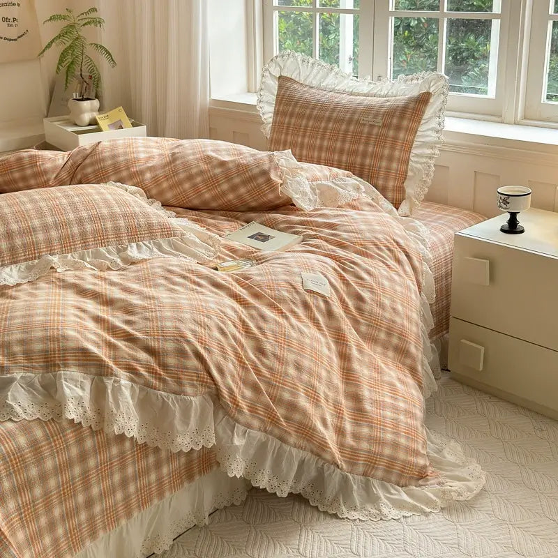 Washed Cotton Plaid Duvet Cover – Ruffled Lace