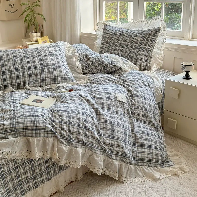 Washed Cotton Plaid Duvet Cover – Ruffled Lace