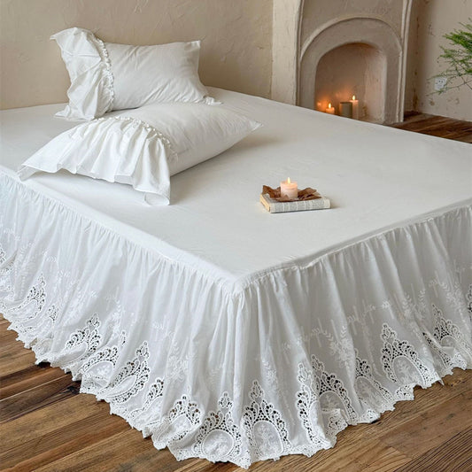 White Cotton Bed Skirt with Embroidered Lace Trim