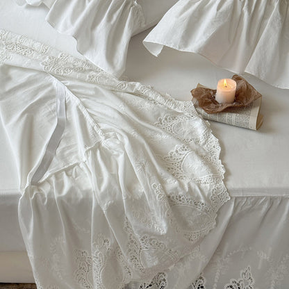 White Cotton Bed Skirt with Embroidered Lace Trim