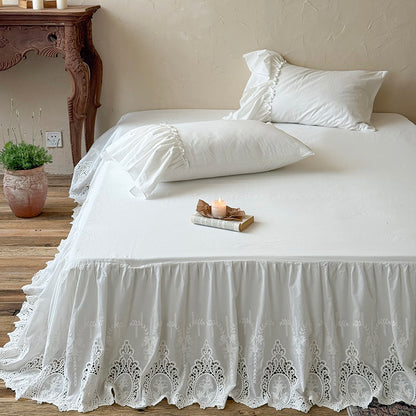 White Cotton Bed Skirt with Embroidered Lace Trim