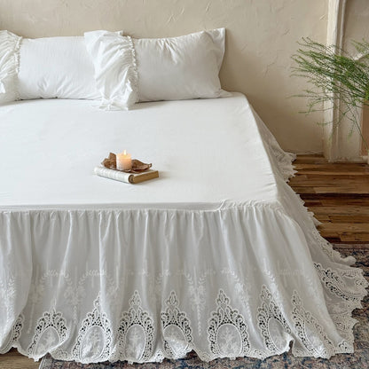 White Cotton Bed Skirt with Embroidered Lace Trim