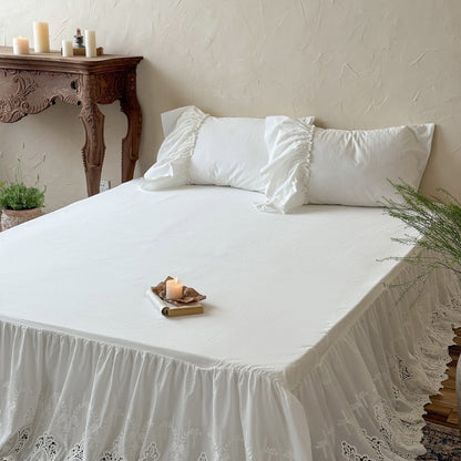 White Cotton Bed Skirt with Embroidered Lace Trim