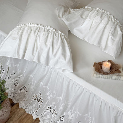 White Cotton Bed Skirt with Embroidered Lace Trim