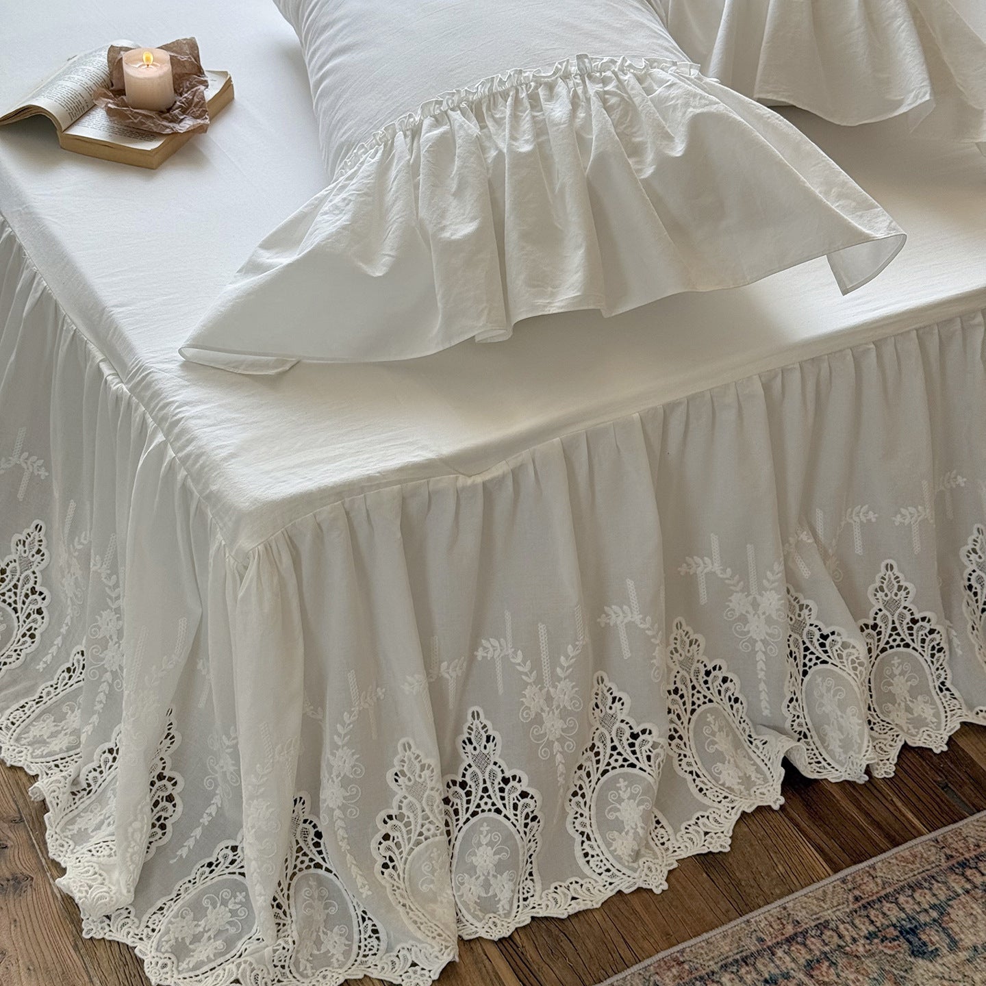 White Cotton Bed Skirt with Embroidered Lace Trim