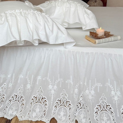 White Cotton Bed Skirt with Embroidered Lace Trim