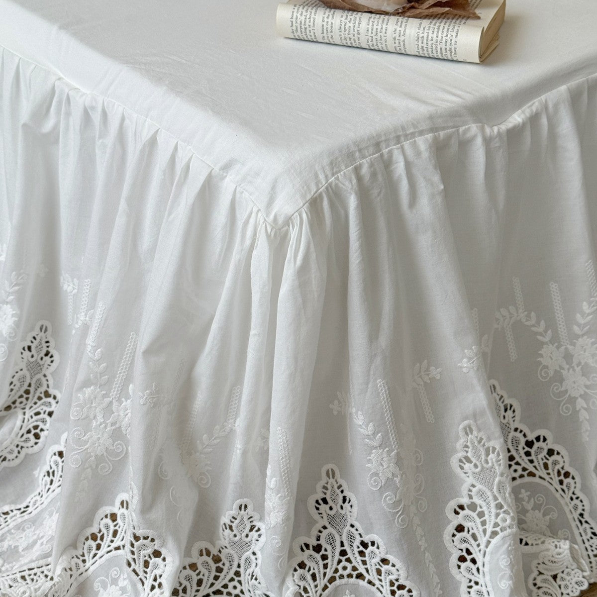 White Cotton Bed Skirt with Embroidered Lace Trim