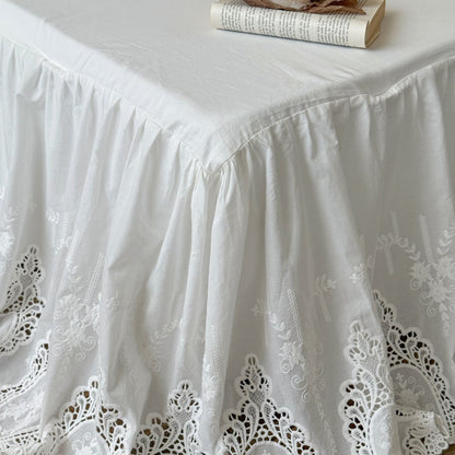 White Cotton Bed Skirt with Embroidered Lace Trim