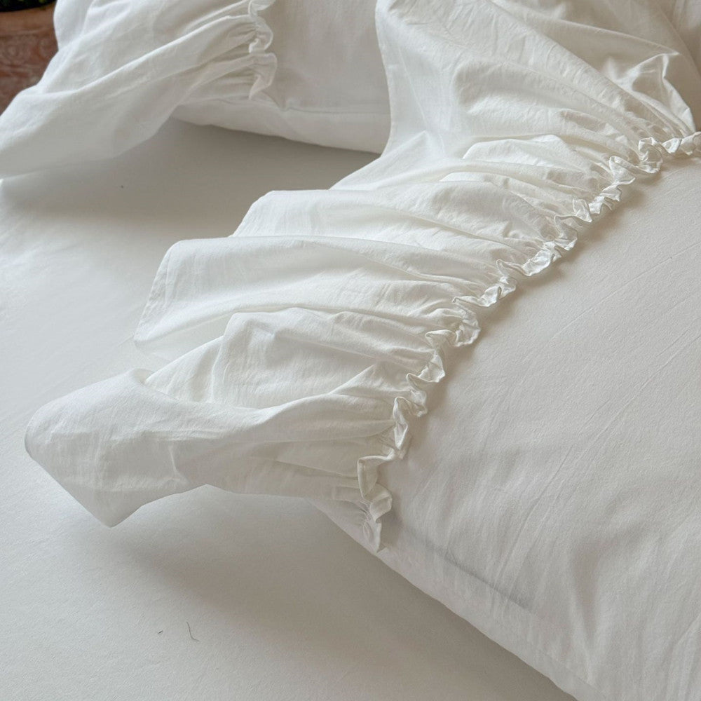 White Cotton Bed Skirt with Embroidered Lace Trim