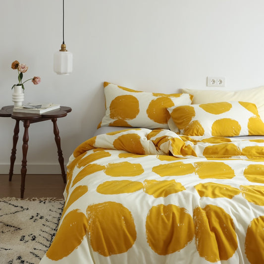 Side angle showing yellow large dot duvet cover set with gray flat sheet and pillowcases