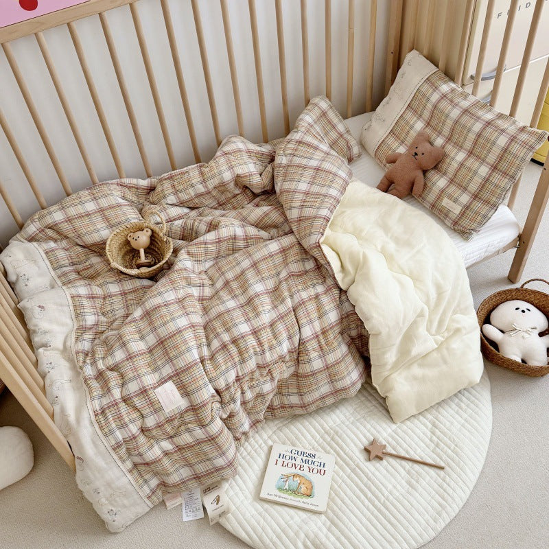 Beige Plaid Kids Comforter Set – Cotton Gauze