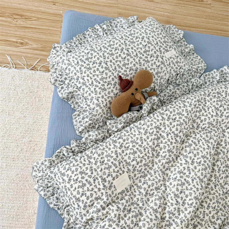 Blue floral cotton gauze duvet cover set with ruffled pillowcase — breathable bedding for kids