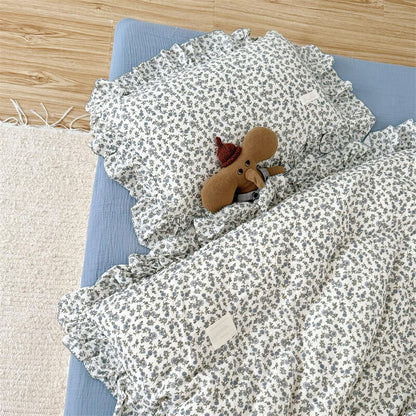 Blue floral cotton gauze duvet cover set with ruffled pillowcase — breathable bedding for kids