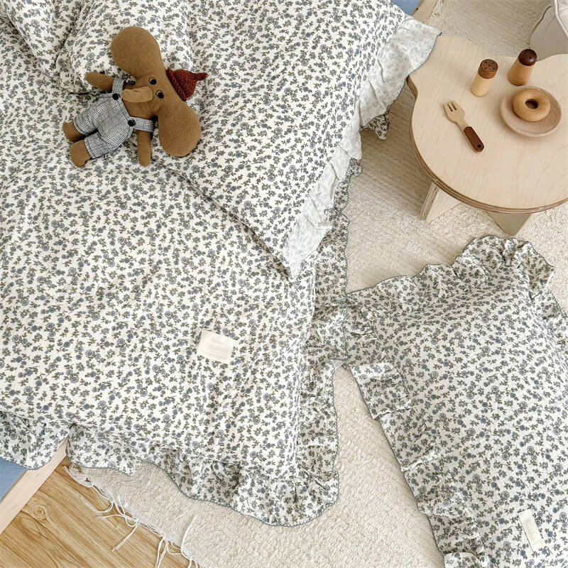 Pillowcase and duvet cover from Blue Blossom cotton gauze duvet cover set — ruffled kids bedding